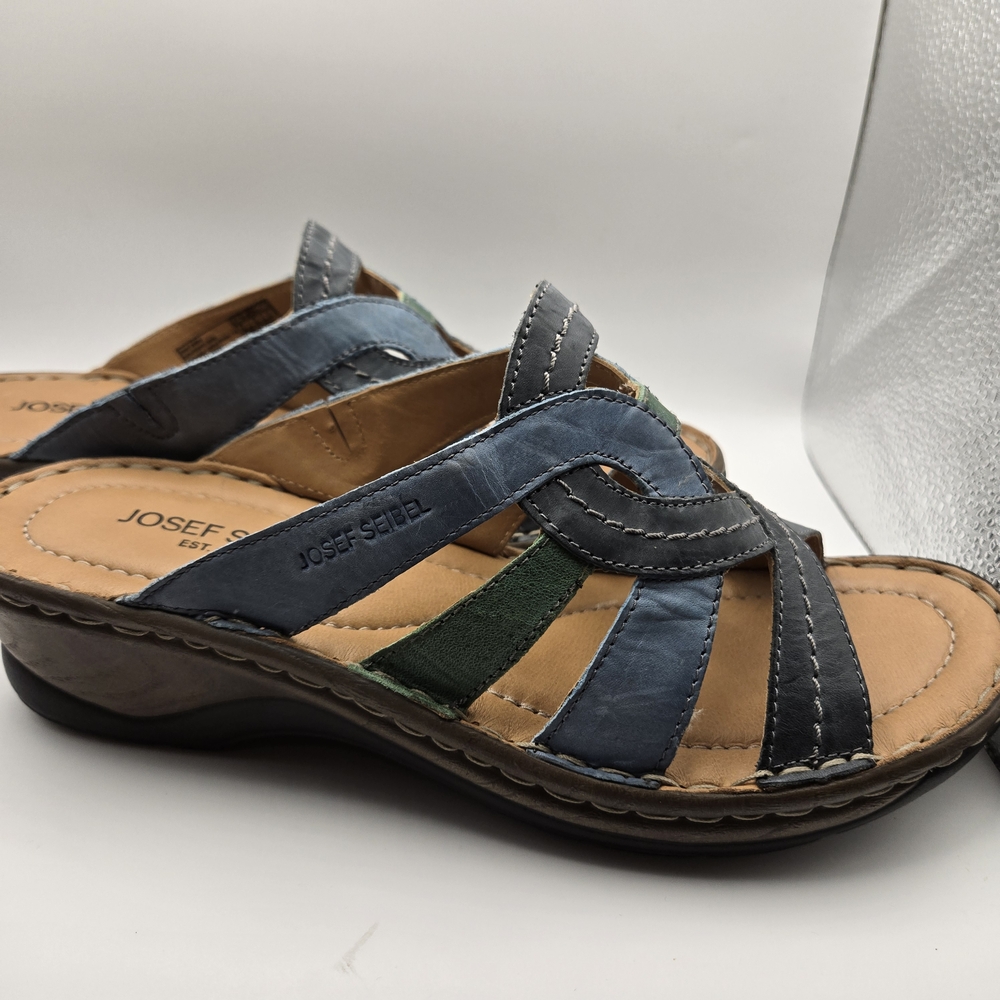Josef Seibel Women's Blue and Green Slip On Leather Mule Sandals - Picture 8 of 9